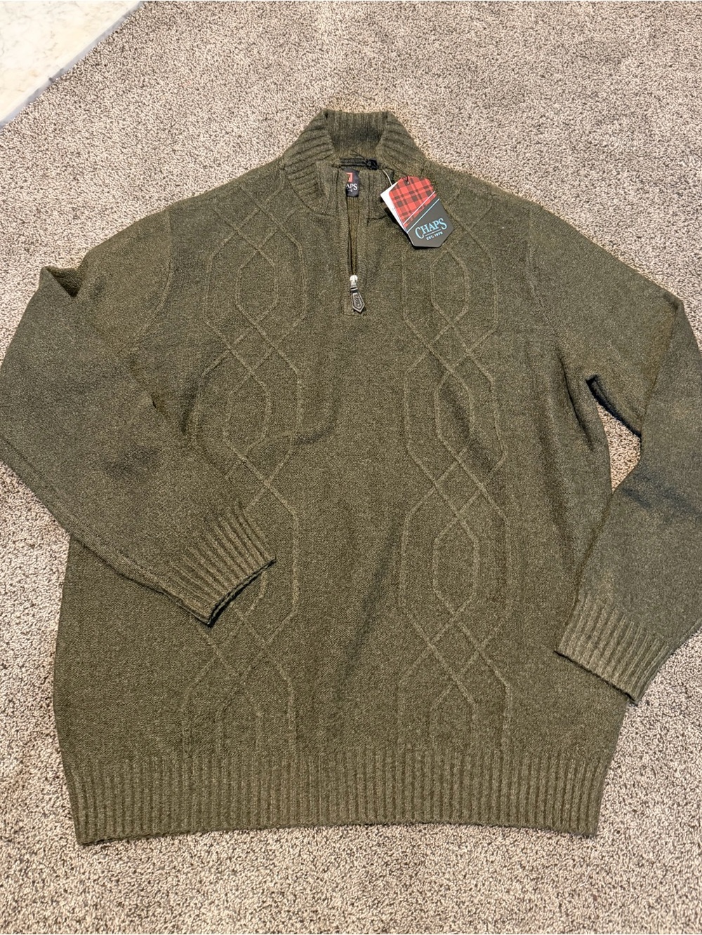 Chaps Men's Olive Green Cable Zip Pullover Sweater